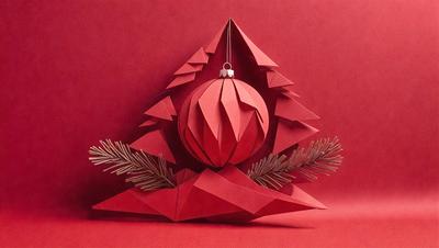 The primary subject of the image is a red paper Christmas ornament. The ornament is shaped like a tree and is hanging from a string. The setting is a red background, which provides a vibrant and festive atmosphere. The visual style is a combination of digital art and illustration, as the ornament is created using paper and crafting techniques. The colors and mood of the image are predominantly red, which is associated with Christmas and holiday celebrations.